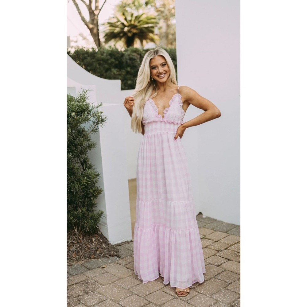Pink Gingham Lace-Trim Maxi Dress
